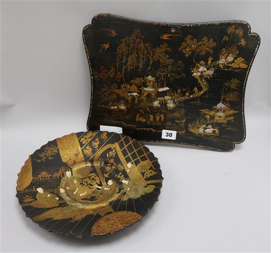 A lacquer panel and a chinoiserie dish dish diameter 29cm